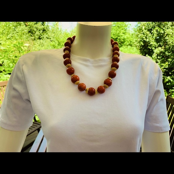 Large size red real Coral balls Necklace & Gold tone real silver Earrings 3 Pc - Picture 8 of 16